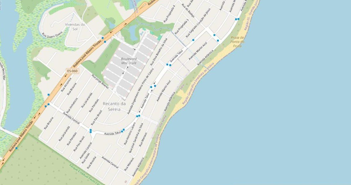 Mapa do Recanto da Sereia, em Guarapari, com a área aproximada da casa a cerca de 100 metros da praia