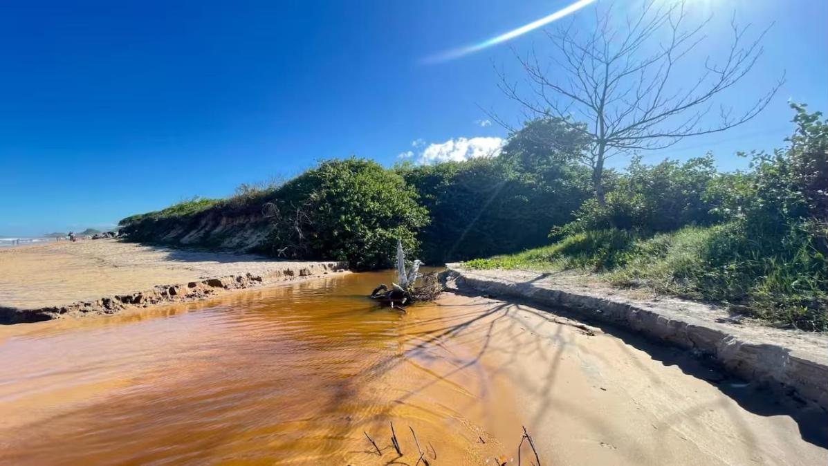Praia da região, com areia dourada e vegetação de restinga